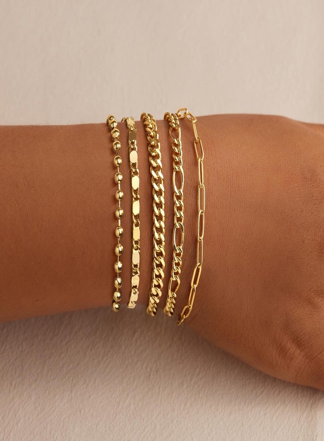 Gokeey Dainty 14K Real Gold Plated Bracelets Set for Women，Stackable Beaded Cuban Chain Link Layered Gold Bracelet for Women Trendy Gold Jewelry 5pcs - Image 2